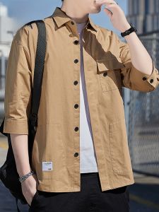 ROMON | Lormen Mens Pure Cotton Denim Shirt Summer Thin Stylish Casual Seven-Foot Short Sleeve Iron-Free Workwear Jacket