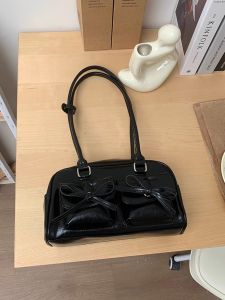 Fashionable Commuter Bag Womens Underarm Handbag Black High-End Bow Tie Bowling Bag Durable PU Leather Single Shoulder Bag