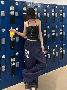 American Style Casual Loose Womens Sports Pants Street Dance Loose Fit Printed Trousers High Waist Wide Leg Straight Cut