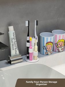 Rotatable Toothbrush Holder for Family of Four Bathroom Sink Plastic Storage Rack for Children And Adults Dental Tool Organizer