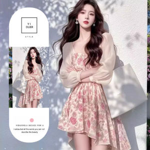 Dopamine Pink Floral Print Asymmetrical Dress Womens New 2025 Spring Outing Travel Photography French Style Bubble Sleeve Short Dress