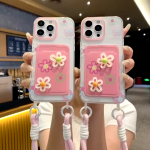 3D Color Pollen Color Card Pack Phone Case for iPhone 11 12 13 14 15 16 17 Pro Max Plus 17Air 16E Casing Hanging Rope TPU Anti-Fall Soft Cover for iPhone 13 Case