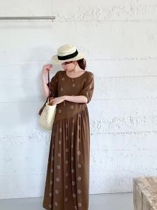 French Vintage Brown Puff Sleeves Summer Loose Fit Slimming Dress
