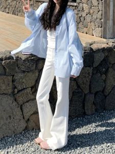 Quần Jeans Denim Ống Loe Ôm Vừa Vặn Cạp Cao Màu Trắng Cho Nữ Cao 175 Cm Quần Dài Đến Sàn Co Giãn Thường Ngày