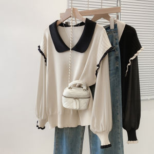 Fashionable Big Size Casual Contrast Color Peter Pan Collar Knit Sweater