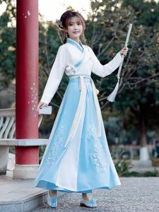 ชุดฮันฟูสไตล์ย้อนยุคแบบปรับปรุงใหม่สำหรับนักเรียน ชุดนางฟ้าสไตล์ญี่ปุ่นแบบสวมหัวไหล่ ผ้าฝ้ายโพลีเอสเตอร์ สีสันสดใส