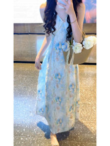 LIRUSHAN | New Blue Floral Halter V-Neck Maxi Dress