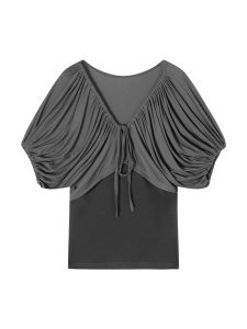 THROUS | Áo Thun V-neck Ruffled Đính Dây