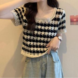 QIANSHUIYIYUN | French Square Neck Stripe Hollow Knit T-Shirt