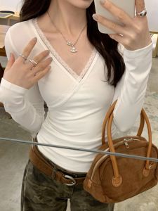 Slim Fit Long Sleeve V-Neck Lace Trim Waist-Cinching T-Shirt Womens Base Shirt Inner Wear Top High-End Sensation Korean Style