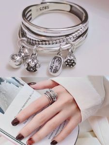 แหวนเงินชุบทองคำสไตล์โบราณสำหรับผู้หญิง แหวนนิ้วชี้ที่มีโชคลาภ ดีไซน์เรียบง่ายและหรูหรา เครื่องประดับแฟชั่น