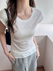 Womens Slim Fit Short Sleeve T-Shirt Shoulder Width Enhancement Design Lyocell Fabric round Neck Casual Summer Top