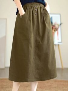 High Waist A-Line Midi Skirt Womens Solid Color Summer Commute Fashion plus Size Elastic Waist Skirt Korean Style Pure Cotton
