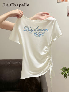 La Chapelle | Asymmetric Shoulder Letter Print Slim T-Shirt
