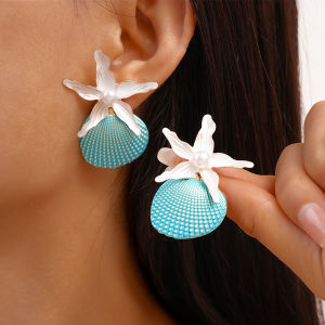Seaside Starfish Sea Shell Stud Earring for Women Bohemian Imitation Pearl Beads Earrings Vacation Beach Ear Jewelry Gifts F