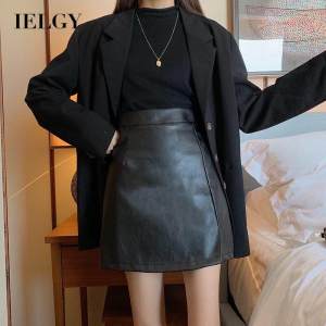 IELGY Womens skirts high waist Solid color A-line casual leather retro all-match skirt fashion