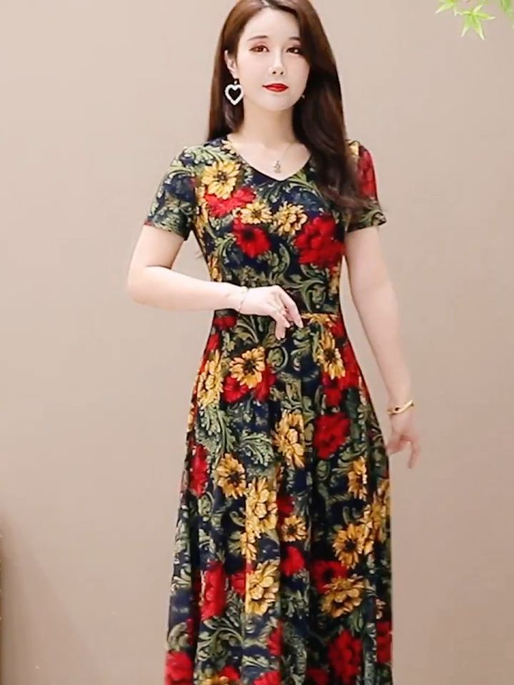 CORE🌟 Summer Short Sleeve Floral Dress Womens Retro A-Line Dress Casual Long Dress