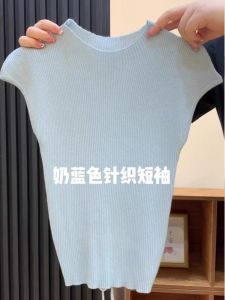 Blue Back Hollow Short Sleeve Knitted Ice Silk Slim Fit Thin T-Shirt Women Summer Short Style Comfortable Breathable Top