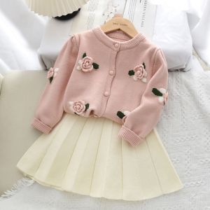 Bear Leader Pink Sweet and Cute Girls ClothES 3D Flower Long Sleeve Knitted Sweater+Beige Short Skirt Autumn/Winter 2 Piece Set