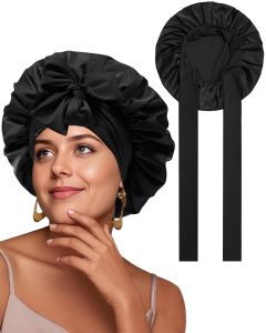 หมวกคลุมผมผ้าซาตินสำหรับผู้หญิง หมวกนอนผ้าไหมสำหรับผมหยิก มีสายรัดยางยืด หมวกคลุมผมกลางคืน สีไวน์แดง