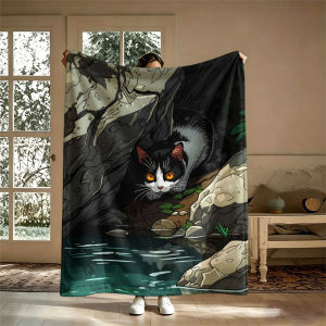 BILIBILI | Forest Creek Black White Cat Flannel Blanket Perfect for Sofa Office Bed Travel Sleep Read Relax Camping Four Season Use