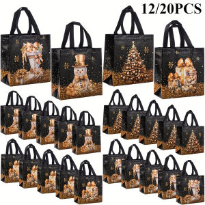 12/20pcs Festive Christmas Gift Bags - Snowman Tree & Stocking Design Black & Golden with Handles Christmas Gift Bags