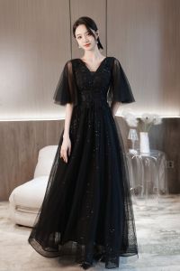 Black Evening Gown Womens plus Size Ball Elegant Atmosphere Art Exam Candidates Floor-Length Gown with Beads Deep V-Neck Short Sleeve