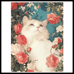 KAYOU | DIY Diamond Painting Mosaic White Cat with Rose Full Square Round Drill Diamond Art Embroidery Kit Wall Decor Gift
