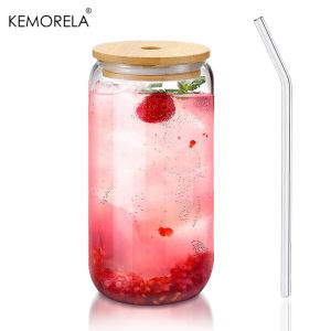 1/4PCS Glass Cup With Bamboo Lids and Glass Straw Cleaning Brush 400ML Beer Can Shaped Tumbler Cup for Cocktail Iced Coffee Cups
