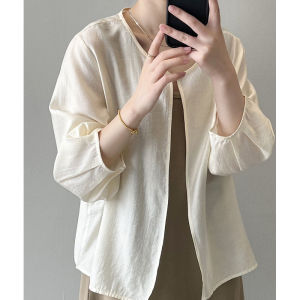 เสื้อเชิ้ตแขนยาวป้องกันแสงแดดแบบหลวมๆ สำหรับผู้หญิงในฤดูใบไม้ผลิและฤดูร้อน ทรงหลวมๆ แขนยาวเจ็ดส่วน คอตั้ง เสื้อคลุมคาร์ดิแกนบาง