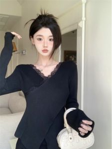 GUZILIAN | Womens Lace Trimmed Cross Waist Knitwear Korean Style Slim Fit Base Shirt V-neck Long Sleeve Winter Season Fashion Top