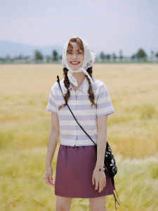 Hua Ji B762 Sweet Style Cotton T-Shirt Womens Summer New Pure Cotton Striped Polo Neck Short Sleeve Flip Collar Top