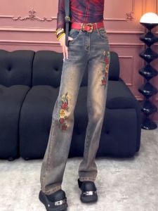 Retro Embroidered Wide Leg Straight Cut Jeans for Women Spring 2025 Fashionable Versatile High Waist Cotton Stretch Denim