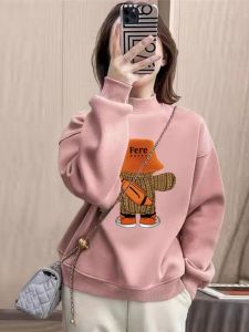 plus Size Womens Fleece Lined Hoodie Inner Wear Tunic Top Half High Collar Long Sleeve Comfortable Cotton Blend Sweatshirt