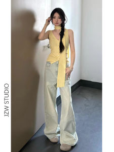 American Light Wash Wide Leg Jeans Womens Loose Floor-Length Small Size Straight Cut High Waist Denim Pants Summer 2025