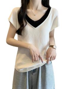 เสื้อยืดแขนสั้นหลวมๆ ทรงหลวมๆ สำหรับผู้หญิงไซส์ใหญ่ในฤดูร้อน ปกปิดหน้าท้อง แฟชั่นลำลอง สีพื้น คอวี ระบายอากาศได้ดี