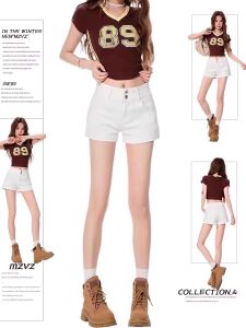 MZVZ | High-Waist A-Line Flattering Double Buckle Khaki Denim Shorts
