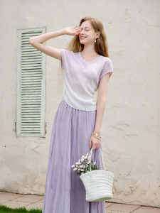 XIANGYING | Ombre Purple V-Neck Drawstring Cinched Waist Lightweight Ribbed Knit Sweater for Women