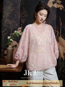 JK＆JS | Burned Flower Velvet Shirt for Women Loose Pink Sleeve