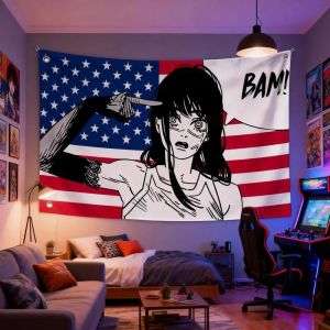 Anime Girl Against the Knife BAM American Flag Tapestry Action Wall Art for Bedroom Dorm Music Esports Room