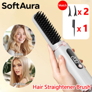 SoftAura Hair Straightening Brush 4 Temperature Settings Ceramic Heated Portable Straightener Comb Negative Ion Styling Tool