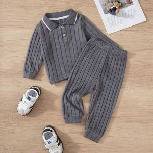 Boys Long Sleeve Lapel Pants Suits Warm Collar Button Two-Piece Set Gentle Autumn Winter Outfit for Kids