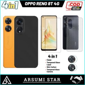Paket 4in1 Case OPPO RENO 8T 4G Camera Softcase Slim Black Matte Case Liquit + Tg Anti Gores Ceramic Matte Anti Spy + Skin Camera + Garskin Carbon 3D