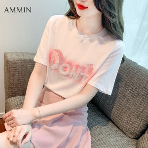 AMMIN Áo Thun Cotton Nguyên Chất Thiết Kế Mũi Khoan Sáng Màu In Chữ Thời Trang Đơn Giản Mới Mùa Hè Cổ Tròn Thoải Mái Thường Ngày Phiên Bản Hàn Quốc Cho Nữ
