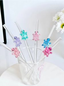 1/3/6PCS Turtle Design Glass Straws Colorful Curved Reusable Straws with Turtle Decoration. Perfect for Smoothies Milk Tea