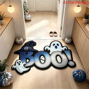 VIKAMA Halloween BOO Ghost Shaped Doormat Witch Hat Pattern Non Slip Floor Mat Cute Irregular Entrance Welcome Decor Rug