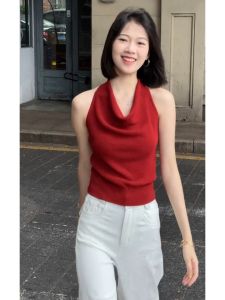 YUEZHONGWEI | Áo Không Tay Chất Kéo Lụa Phong Cách Pháp Cổ Ngực Dây Đeo Sau