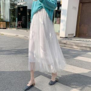 Fashionable High Waist Midi Dress for Women Spring Autumn Half Length Gauze Net Skirt Embroidered Feather Base Dress Sweet Romantic Style