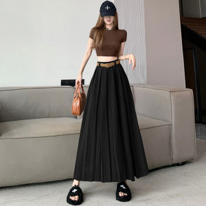Brown Retro Woolen Pleats Womens Skirt Fall and Winter Stylish High Waist Cover a-Line Drape Big Hem Umbrella Skirt Tide