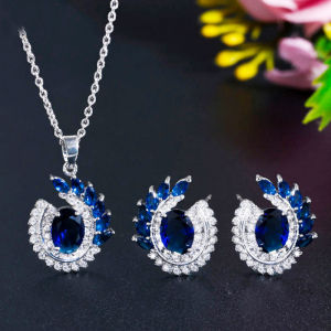 ผู้หญิงชุดเครื่องประดับปาร์ตี้ MODE Korea ของเลือกขาย SJ361 - ถุงเงินฝังหินเซอร์, สีฟ้า CZ, ชุดต่างหู เม็ดกลมสร้อยคอห้อย สำหรับสวมใส่ประจำวัน